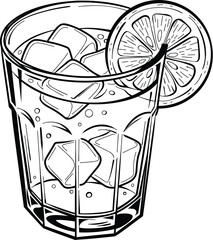 Refreshing Lemon Drink with Ice Cubes and Citrus Slice Outline