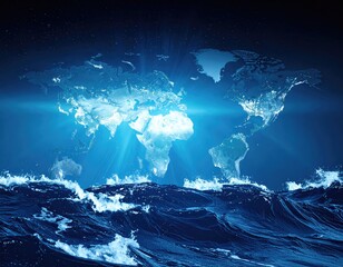 World map over ocean, light beams, blue tones, global theme