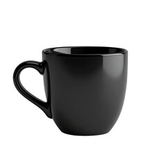 A glossy, black, small coffee mug.  It has a simple, rounded shape, a small handle, and is full