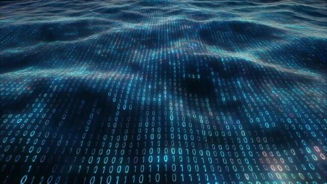 Flowing in waves or oceans of binary code. Representing technology, connectivity, artificial intelligence, and cyberspace. Ideal for concepts related to big data and cybersecurity