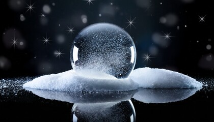 Minimalistic Snow Globe Hologram Above Black Reflective Surface With Snowy Magic