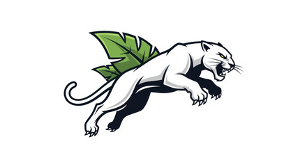 Leaping White Panther with Green Leaf Wings Illustration.