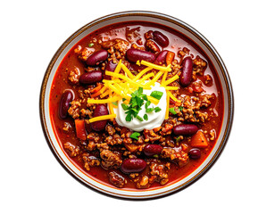 Hearty chili in a bowl, topped with sour cream, shredded cheese, and green onions