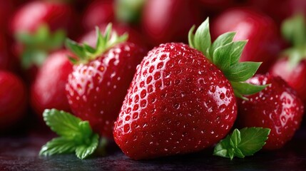 Macro Shot of Ripe Red Strawberries with Green Leaves and Black Background for Freshness and Culinary Use