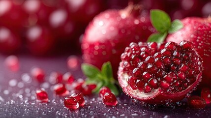 Macro Shot of Ripe Pomegranate Seeds with Juicy Red Arils and Fresh Green Mint Leaves on a Dark Wet Surface