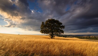 Fototapeta premium Stunning Contrast Of Bright Sky And Dark Clouds Over Isolated Tree In Golden Meadow Landscape