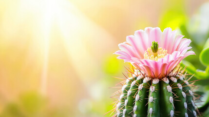 Barrel Cactus Blooming with Pink Flower in Arid Desert Environment
