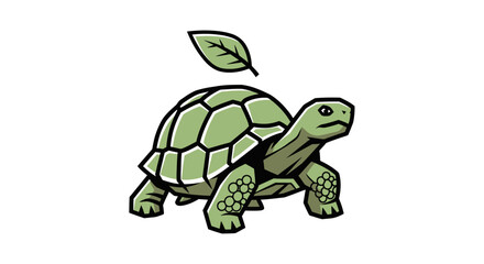 Green turtle with a leaf on its shell cartoon illustration.