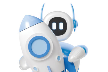 3d cute robot holding rocket icon. startup launch concept. Minimal cartoon rocketship bot mascot robo for app hero banner. isolated on white background. 3d render.