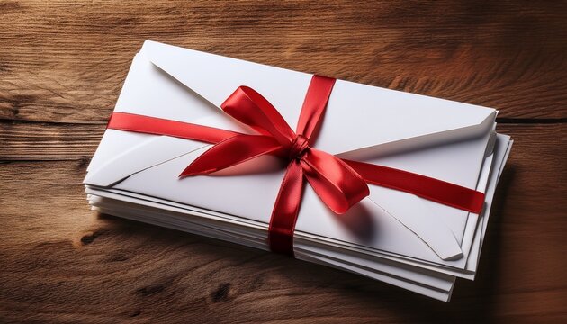 Stack Of Blank Envelopes Tied With A Red Ribbon On A Wooden Surface