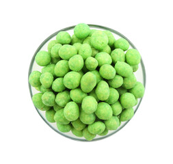 Wasabi coated peanuts in bowl isolated on white, top view