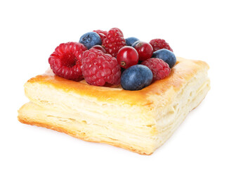 Yummy puff pastry with berries isolated on white