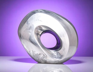 Silver abstract sculpture with hollow center on purple ground
