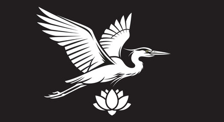 Elegant White Heron in Flight Above Lotus Flower Symbolic Design.