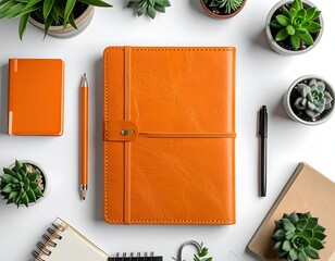 Orange notebook, pen, pencil, and succulents on white table