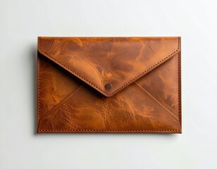 Brown leather envelope-style clutch bag on a white surface