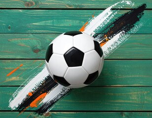 Soccer ball on vibrant green planks with painted streaks