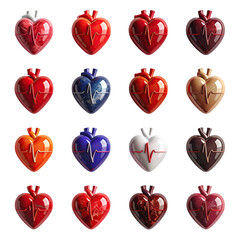 Heart-shaped objects, various colors, EKG lines