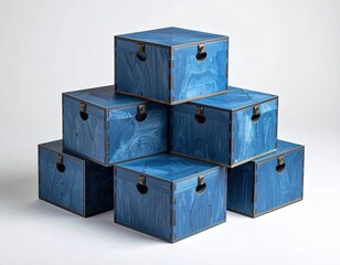 Stacked blue wood boxes with latch, cutout handles