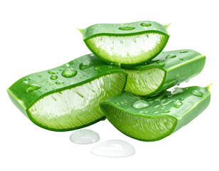 Fresh aloe vera slices, glistening with water droplets