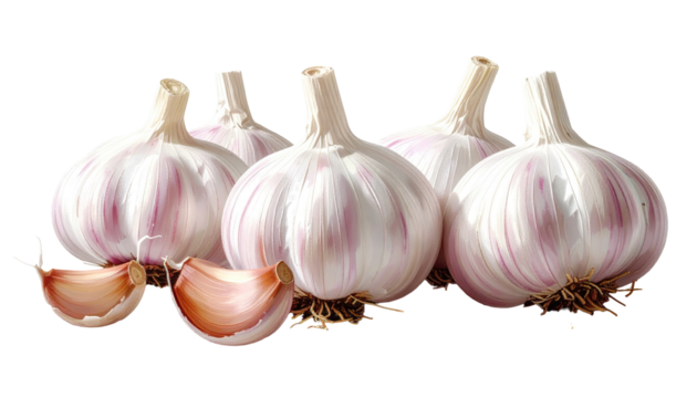 Four whole heads of garlic, with one open head, arranged horizontally.  Pinkish-purple stripes on the white cloves are visible