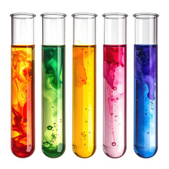 Five test tubes filled with colorful liquids, swirling and mixing
