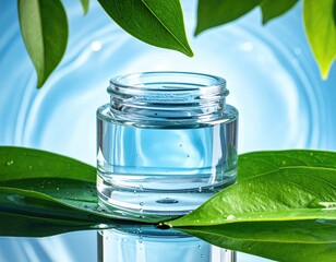 Glass jar surrounded by green leaves and blue swirl