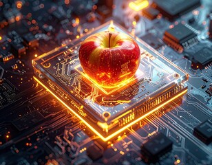 Red apple rests on a glowing computer chip