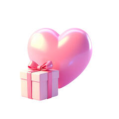 A large, rounded, pink heart graphic with a smaller, light pink gift box positioned beneath it. Both items have a soft, gradient glow