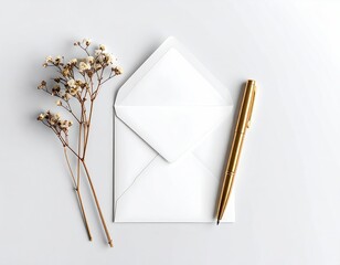Letter, flowers, and golden pen on a bright white surface