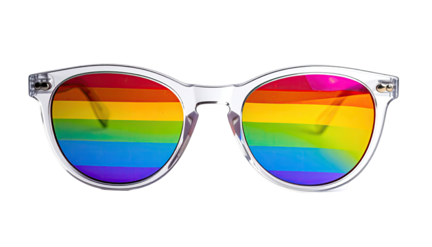 Clear, round sunglasses with rainbow-colored lenses