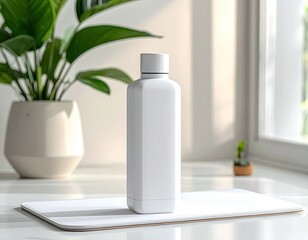 White bottle on white mat, plant beside