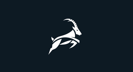 Stylized white mountain goat leaping logo design icon.