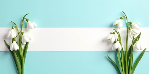 Springtime greeting card background with fresh snowdrop flowers. Delicate floral border on a pastel blue backdrop.