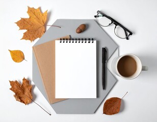 Fall desktop mockup notebook, coffee, leaves, & glasses