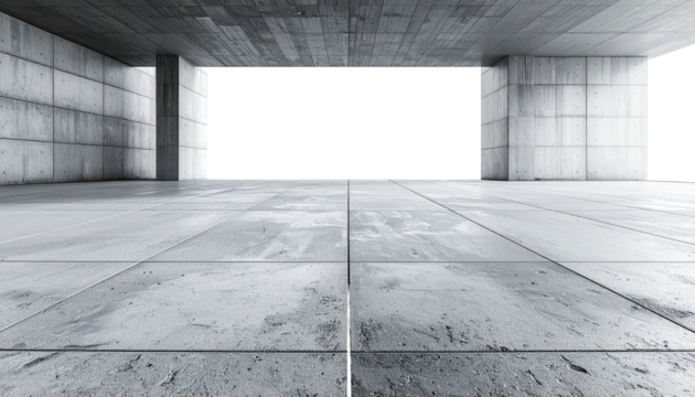 Gray concrete interior, empty space.  Large open area, tiled floor