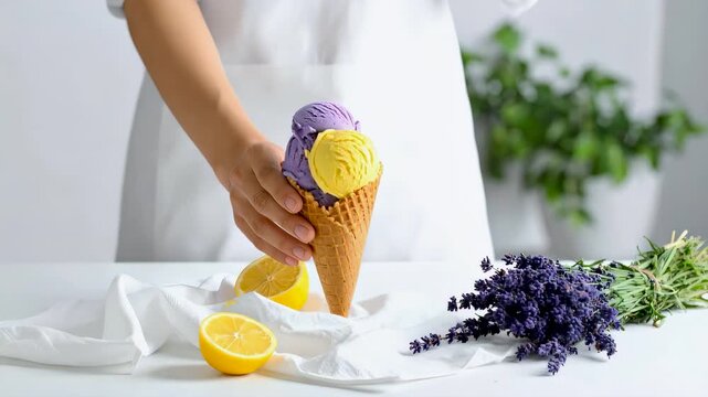 Mano sosteniendo helado de lavanda y lim&oacute;n en cono