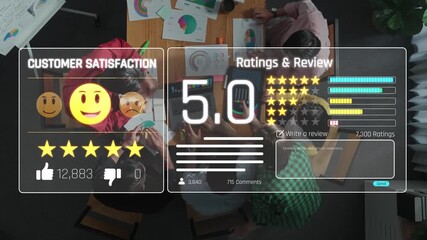 Visual representation of customer satisfaction ratings showing a five-star review and feedback in a modern workspace, illustrating teamwork and communication in business assessments. Raster - Powered by Adobe