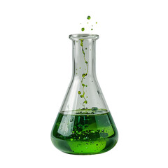 Erlenmeyer flask with green liquid chemical reaction in laboratory glassware isolated on white backg
