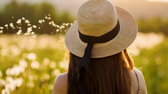 Mujer con sombrero observando un diente de le&oacute;n cuyas semillas vuelan con el viento