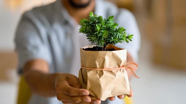 Hombre recibiendo una planta de regalo en &eacute;poca navide&ntilde;a