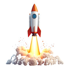 Rocket launching,  orange and white,  powerful thrust,  smoke plume