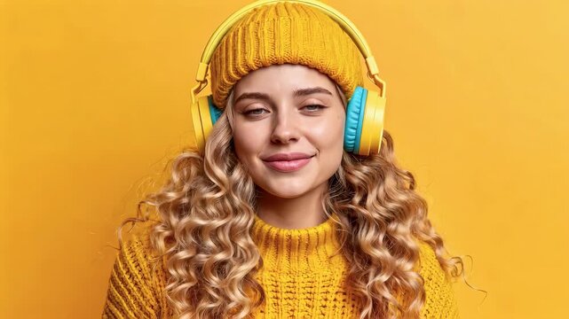 Mujer con gorro amarillo y aud&iacute;fonos sobre fondo amarillo