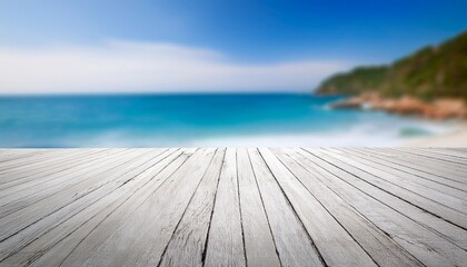 Fototapeta premium White Wood Floor With Blurred Sea Background