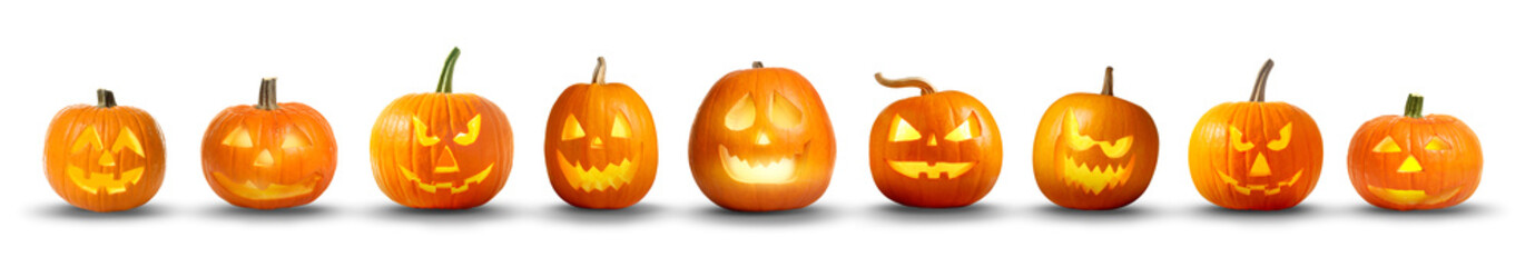 Halloween jack-o-lanterns on white background. Pumpkins with carved spooky faces