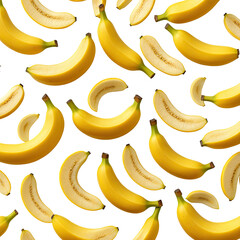 Pattern of ripe yellow bananas and banana slices, randomly arranged on black