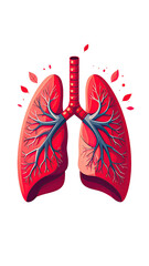 A stylized illustration of a human lung, vibrant red, outlined in a darker shade, with branching airways.  Small, leaf-like shapes adorn the lung