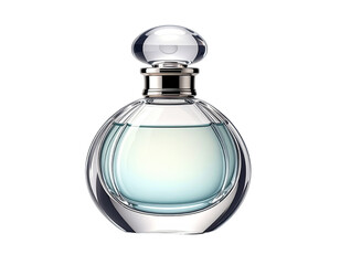 A clear, round perfume bottle with a light teal liquid inside.  Elegant,  crystal-like glass design.  Delicate,  round,  domed cap