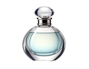 A clear, round perfume bottle with a light teal liquid inside.  Elegant,  crystal-like glass design.  Delicate,  round,  domed cap