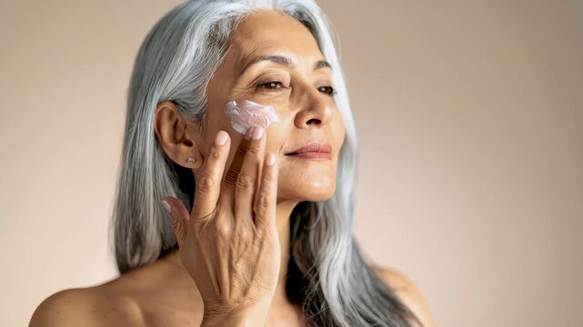 Mujer mayor aplicando crema hidratante en su rostro